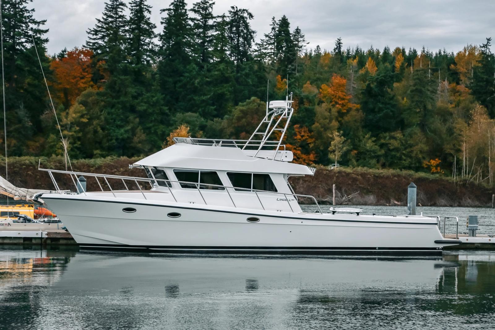 Lindell 46' Flybridge sitting in La Conner Marina in Washington