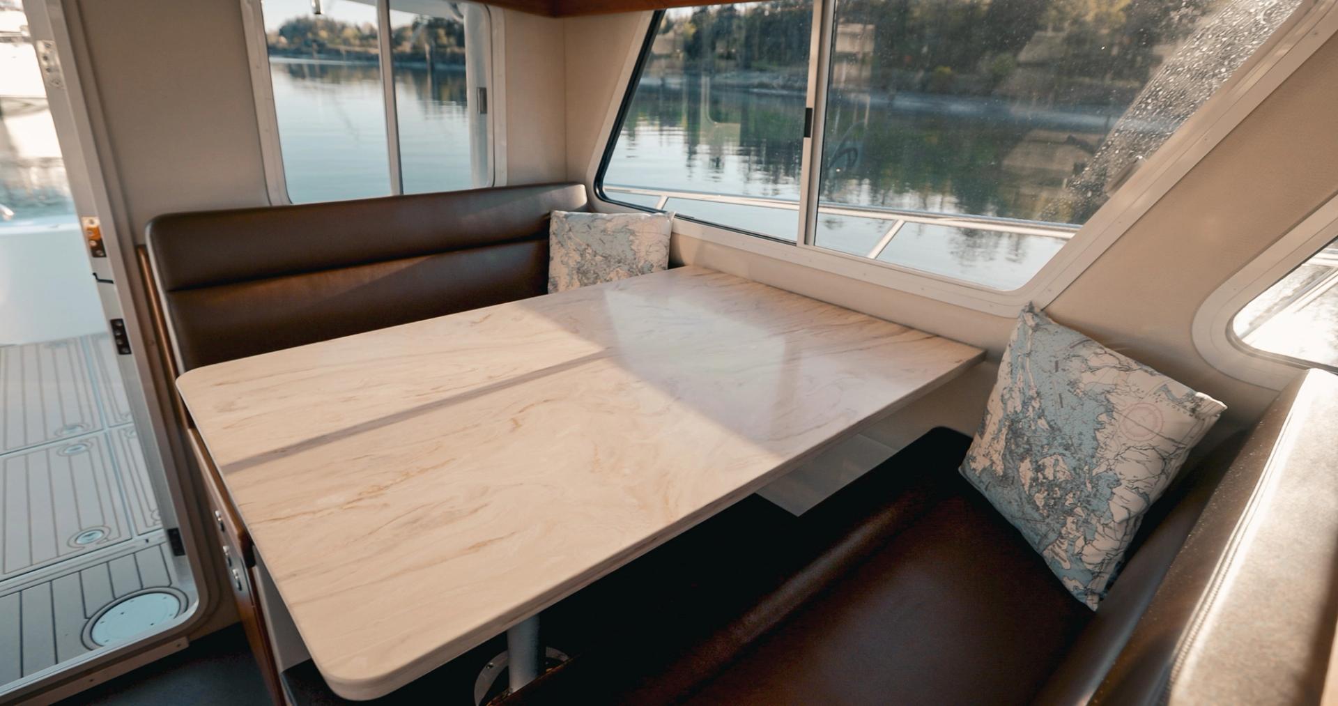 view of the lindell 42 port-side salon convertible dinette table