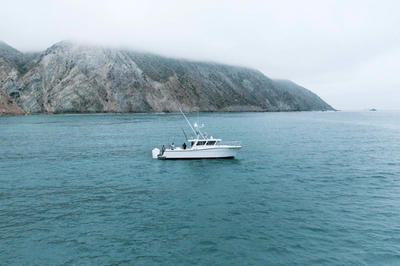 Lindell 41 fishing, viewed from starboard side near Pacific Ocean California cliffs