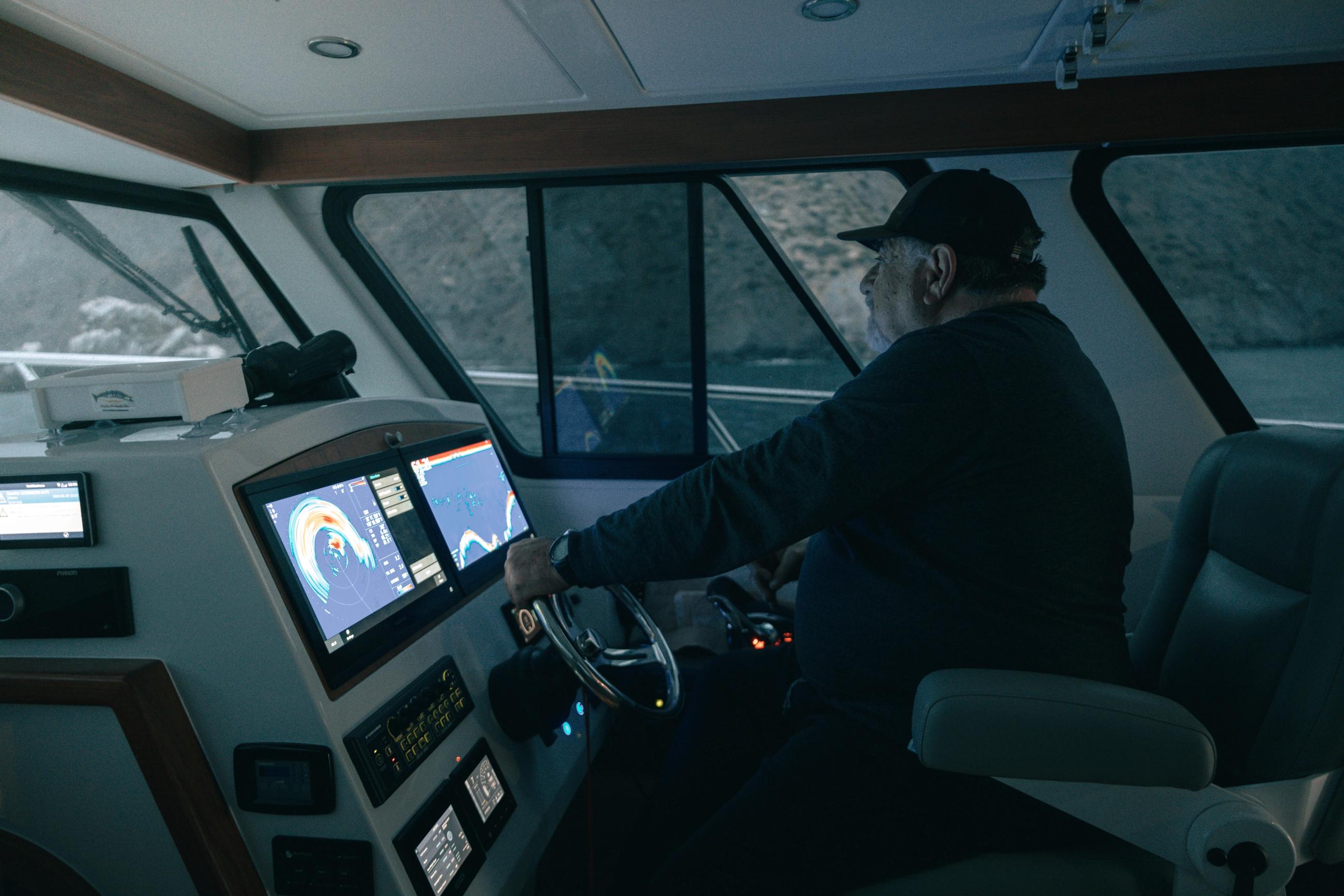 View of the helm on a Lindell 41 in California