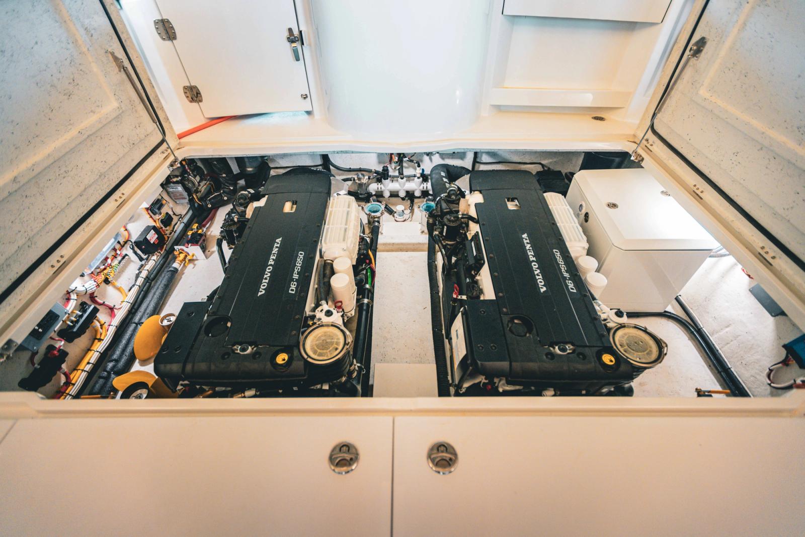 Engine bay of Lindell 42 with twin Volvo Penta D6 IPS 650 diesel engines