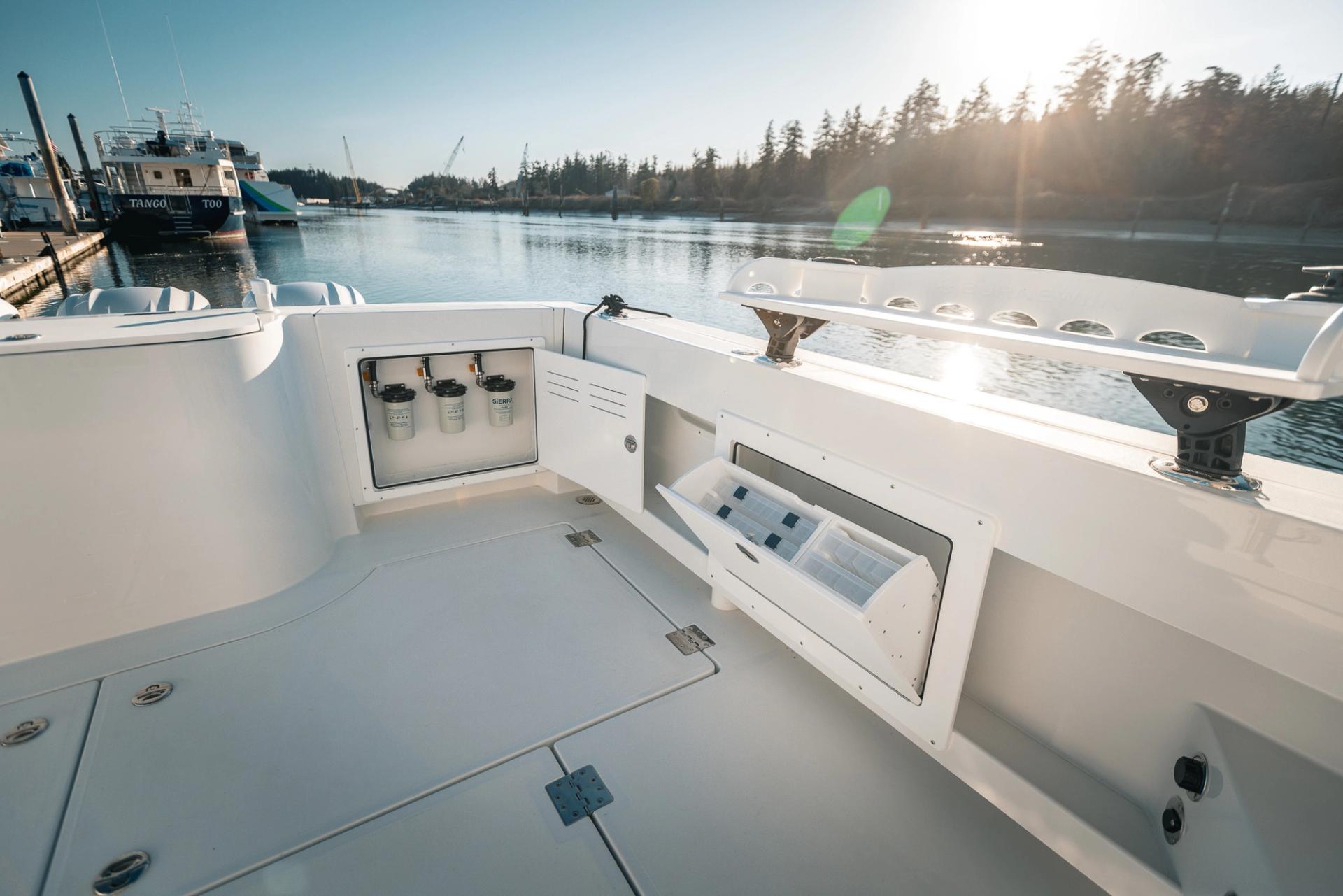 Lindell 38 Port Side View of Cockpit Tackle Storage 