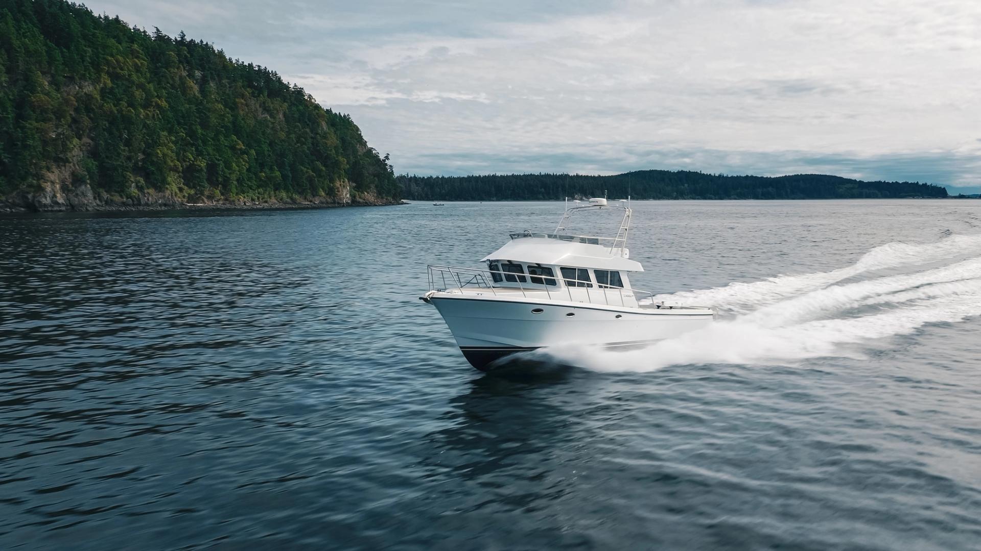 Drone shot of 2024 Lindell 46' Flybridge on plane