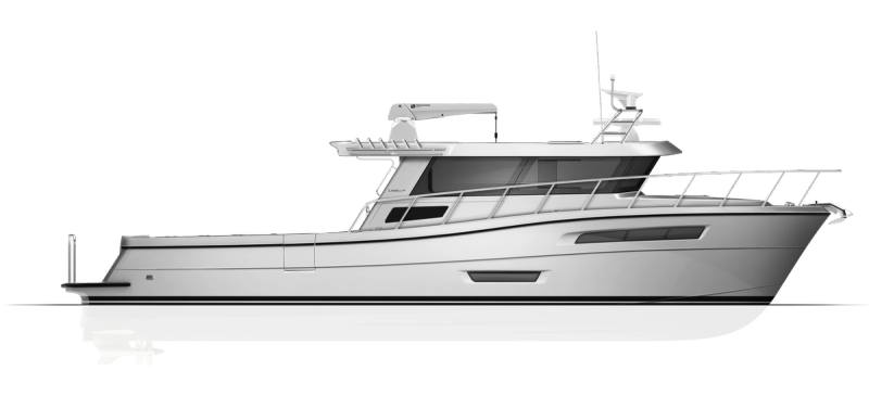 Side profile of a Lindell 48 floating in the water