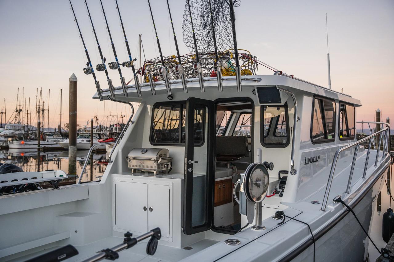 View of Lindell 41 Cockpit and Pilothouse at dock from rear starboard side