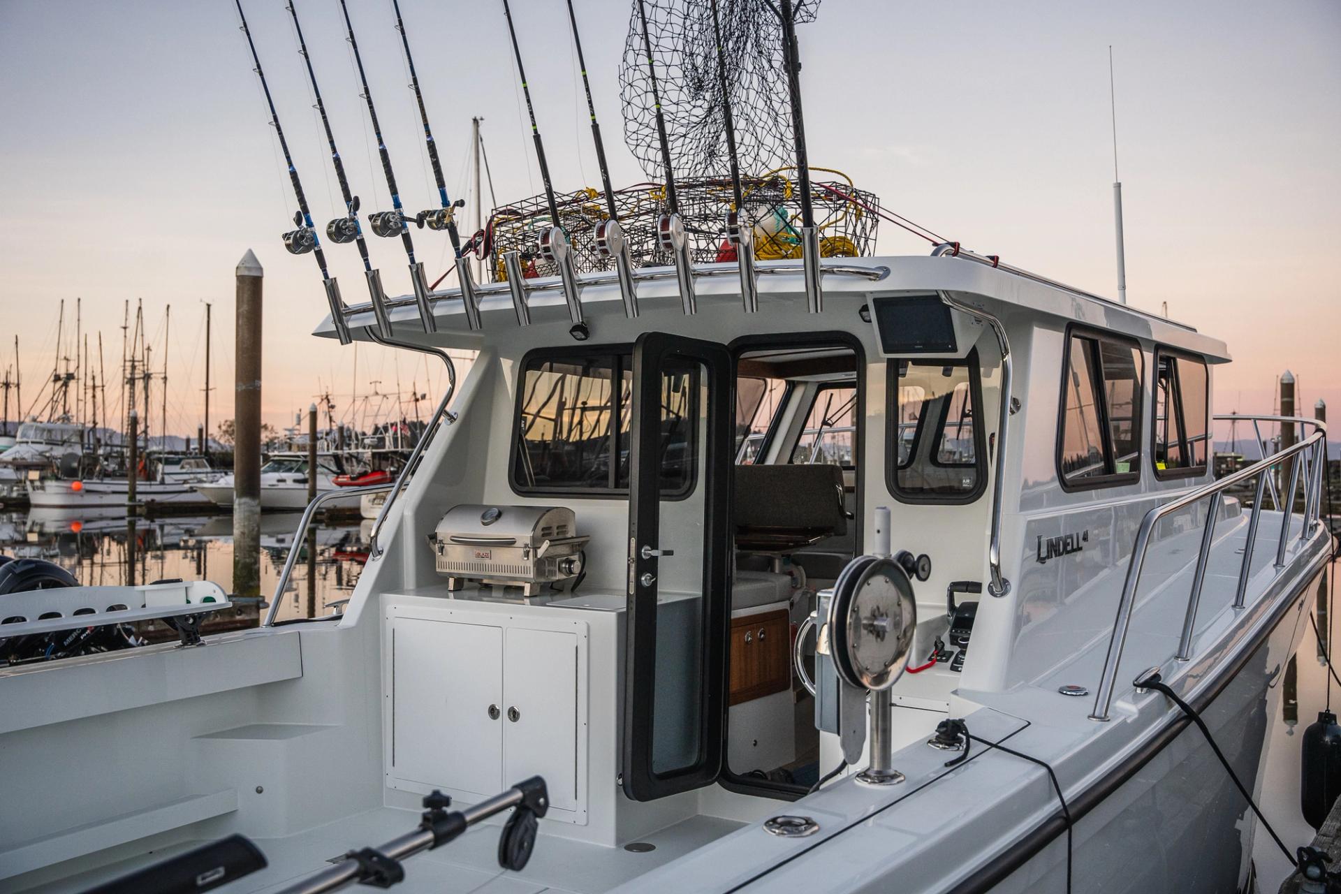 View of Lindell 41 Cockpit and Pilothouse at dock from rear starboard side