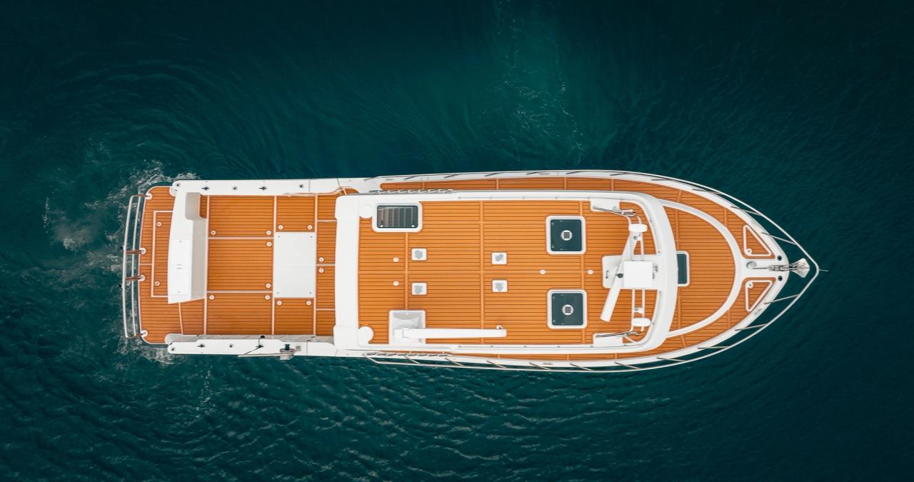 A Top down drone shot of Lindell 4801 without a boat on top