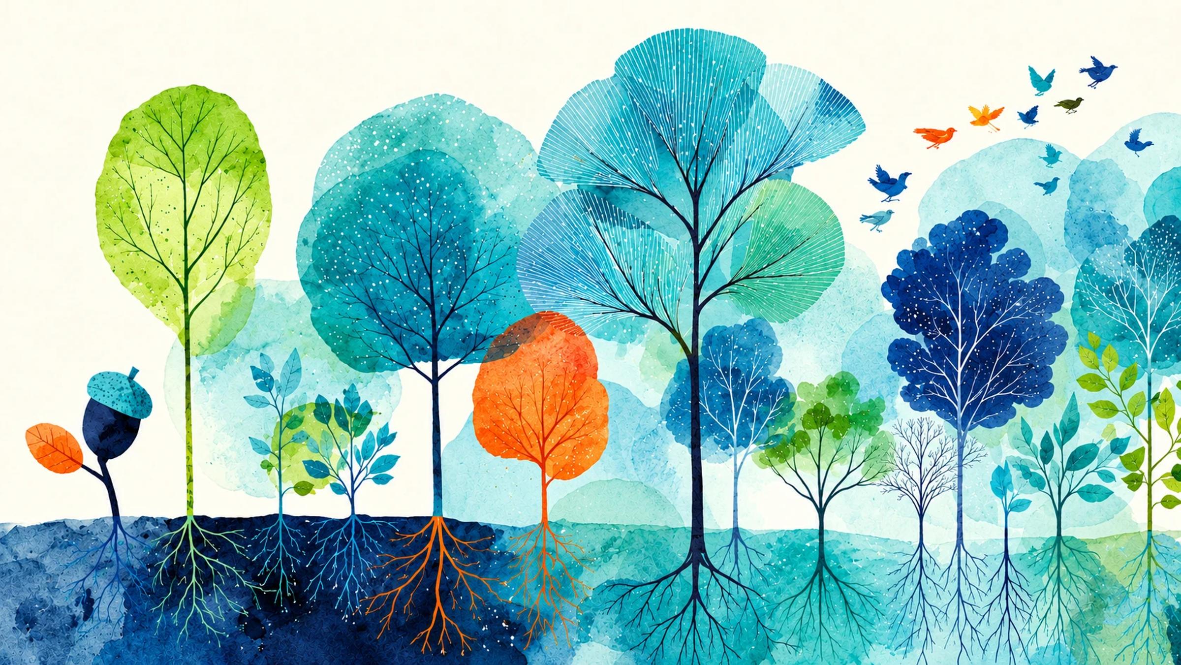 Watercolor illustration of a forest of trees, each with visible roots, growing up from a single acorn