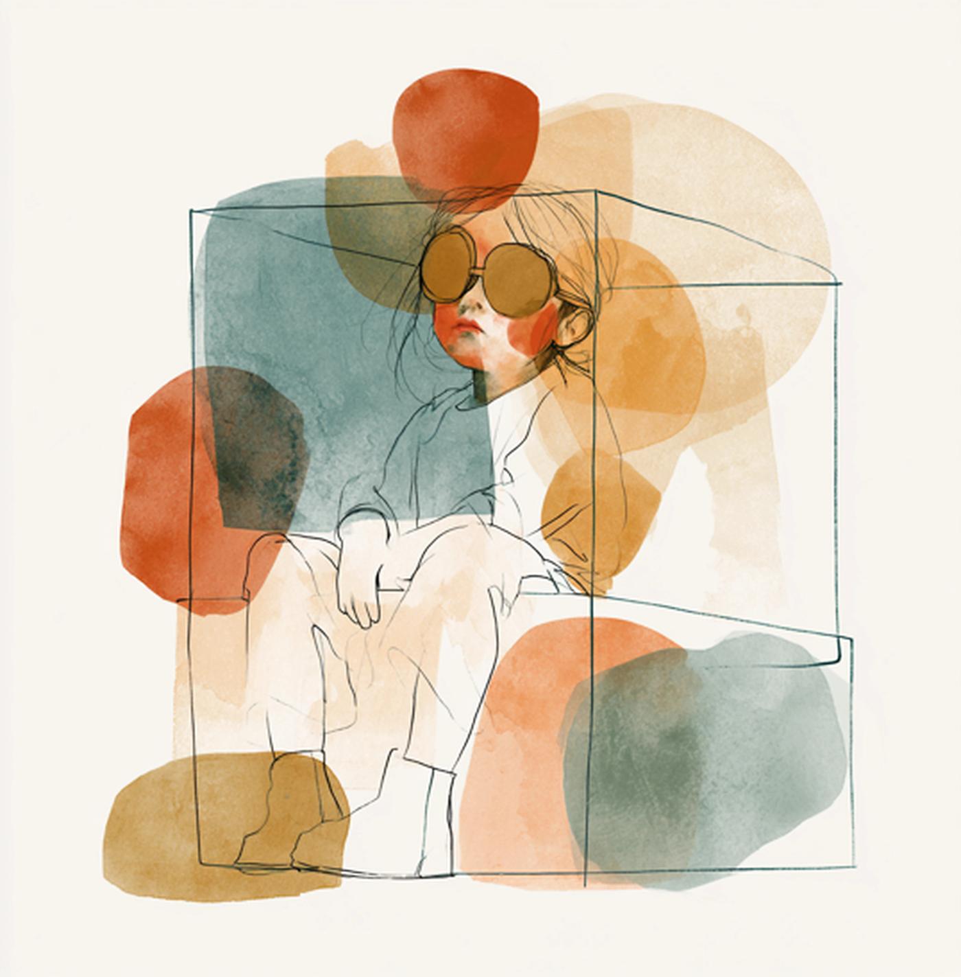 Aquarelle représentant un jeune assis dans une boîte en verre