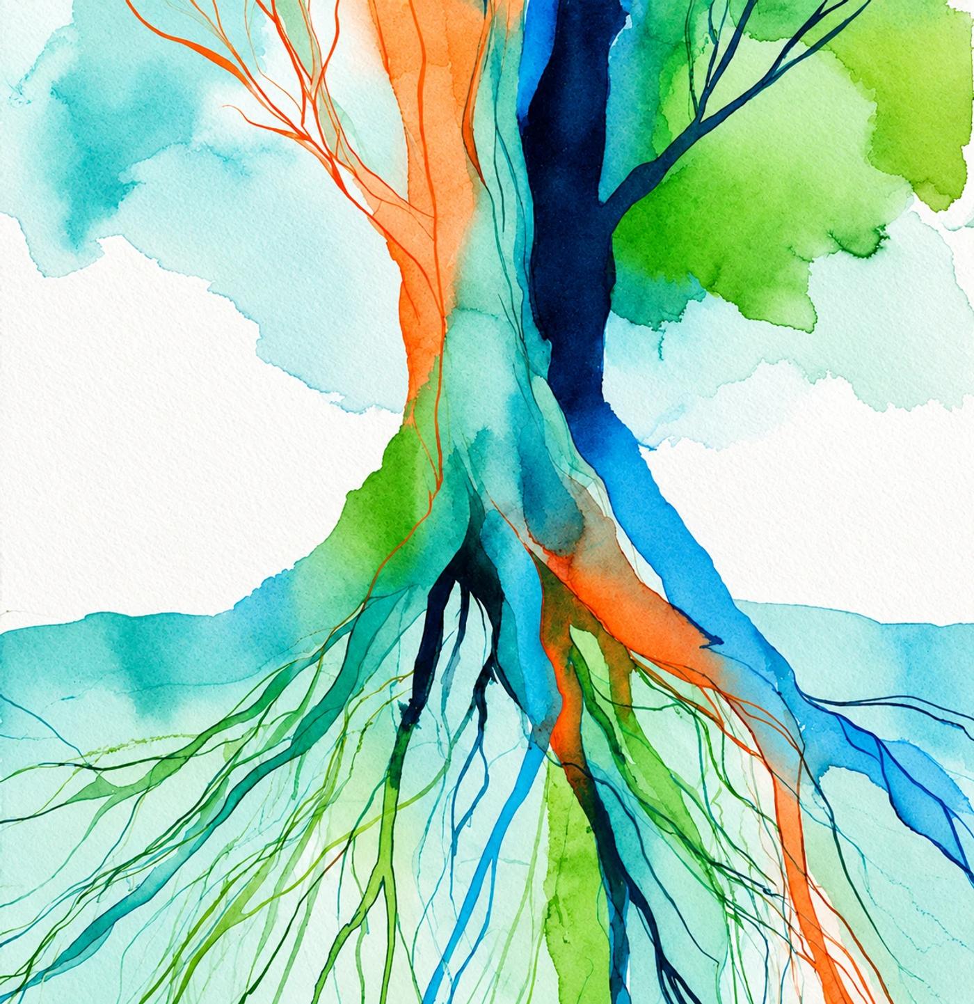 Aquarelle représentant un tronc d’arbre et ses racines en bleu, vert et orange