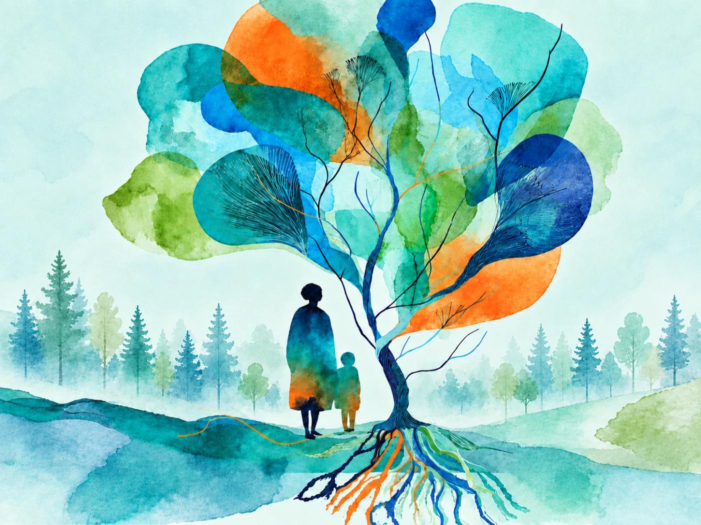 Aquarelle représentant un adulte et un enfant debout côte à côte sous un arbre