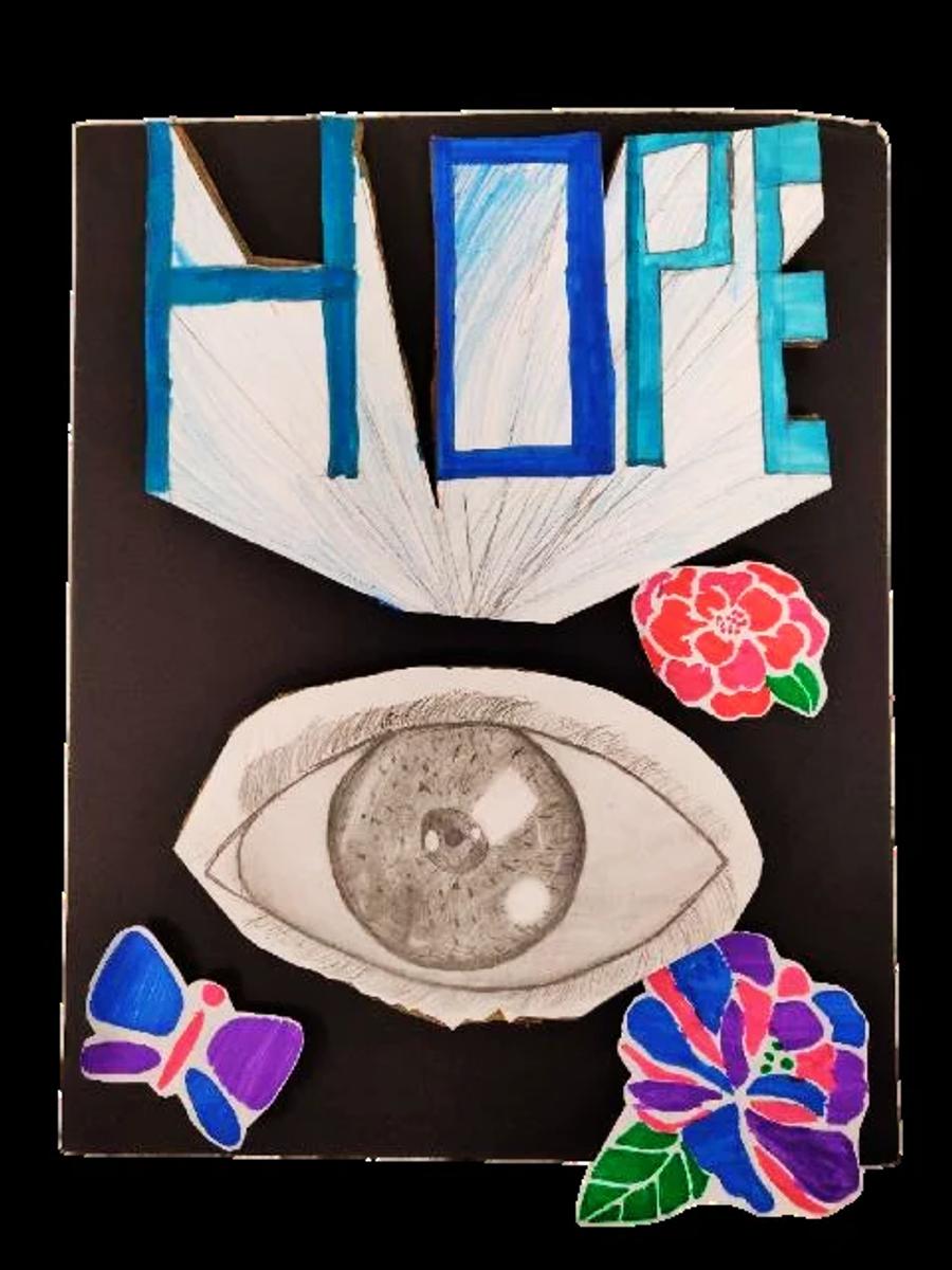 Student artwork: the word “Hope” above a drawn eye