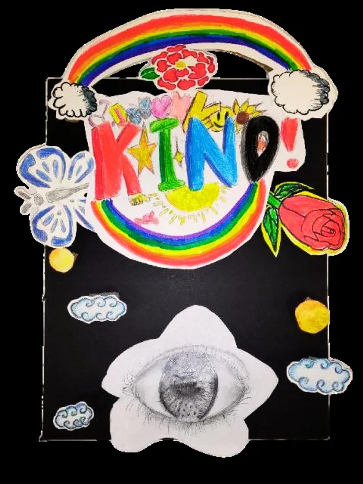 Student artwork: the word “Kind” above a drawn eye