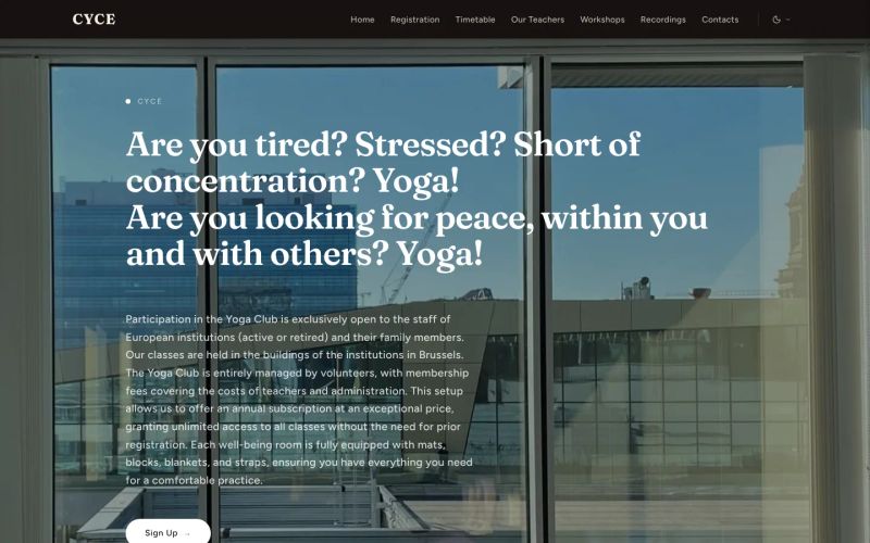 Homepage of the website of the CYCE yoga club for EU institutions staff, built with Abluo, desktop view