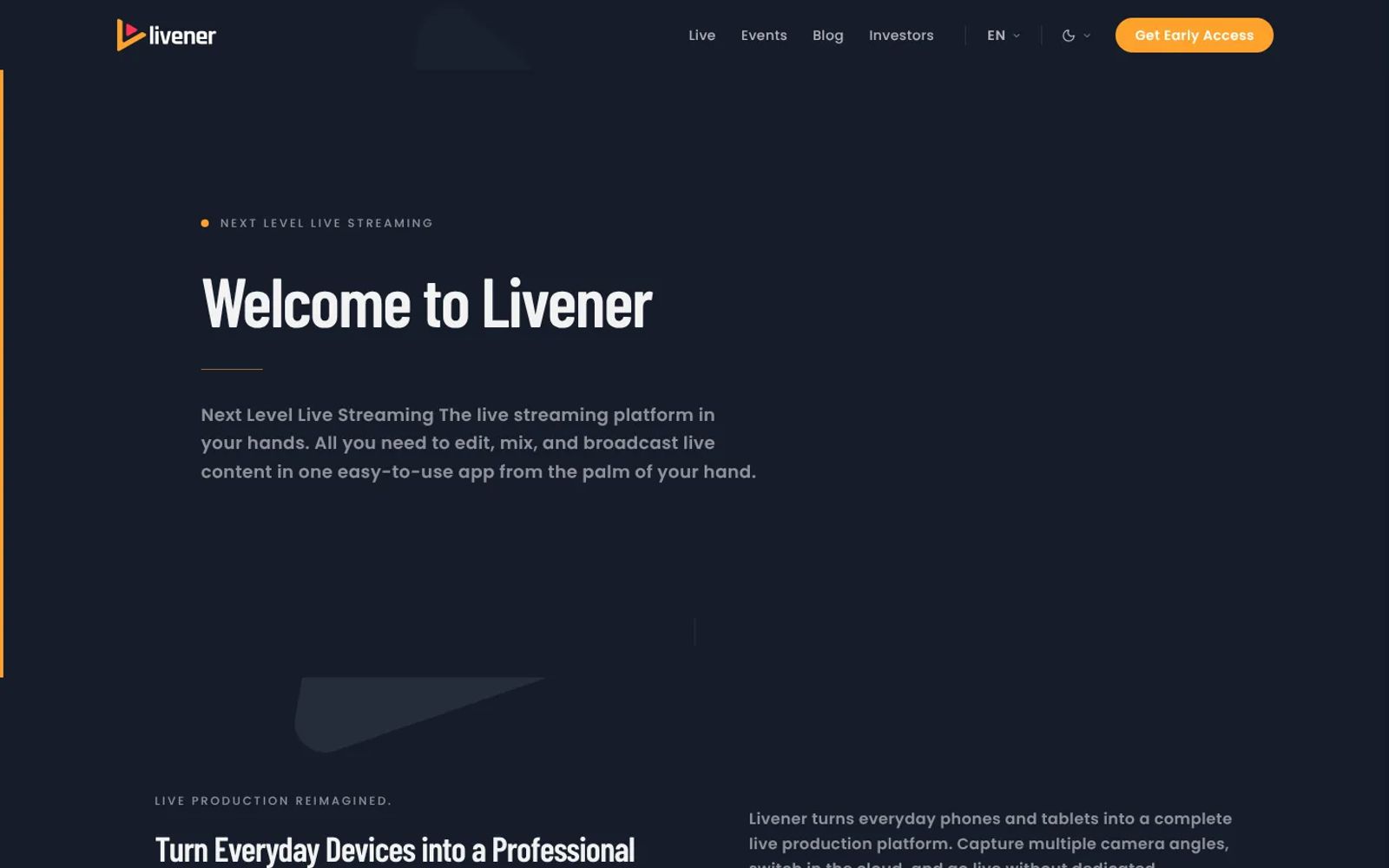 Homepage del sito web di Livener, piattaforma di live streaming, realizzato con Abluo, vista desktop