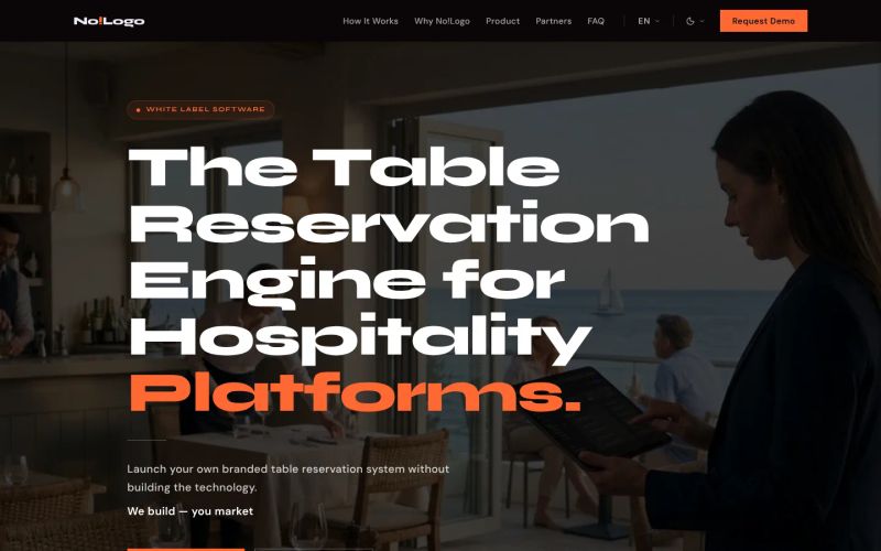 Homepage of the website of No!Logo, a white-label table reservation engine, built with Abluo, desktop view