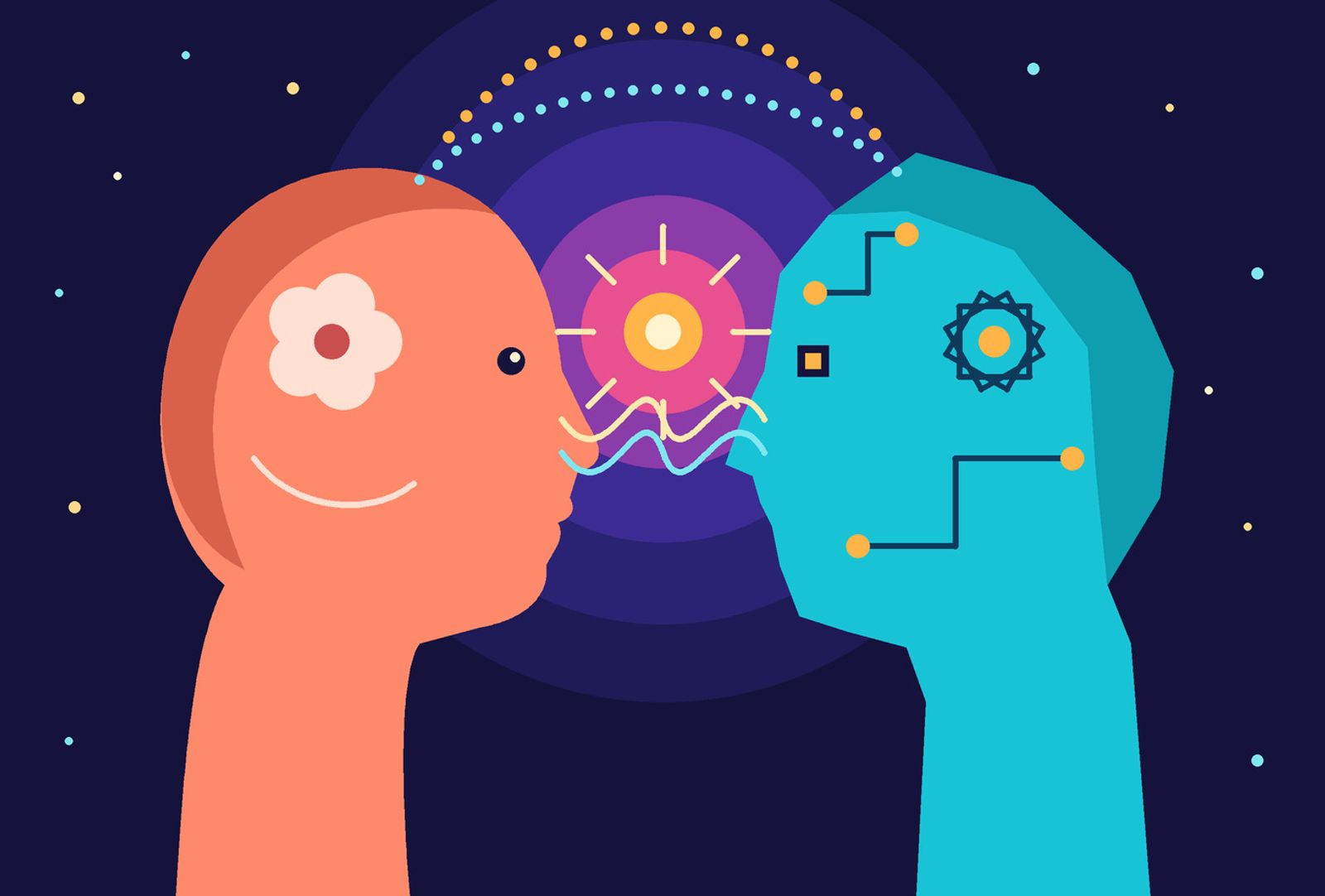 Ci sono una persona disegnata e un altro essere che assomiglia ad una persona ma che in realtà rappresenta l'intelligenza artificiale