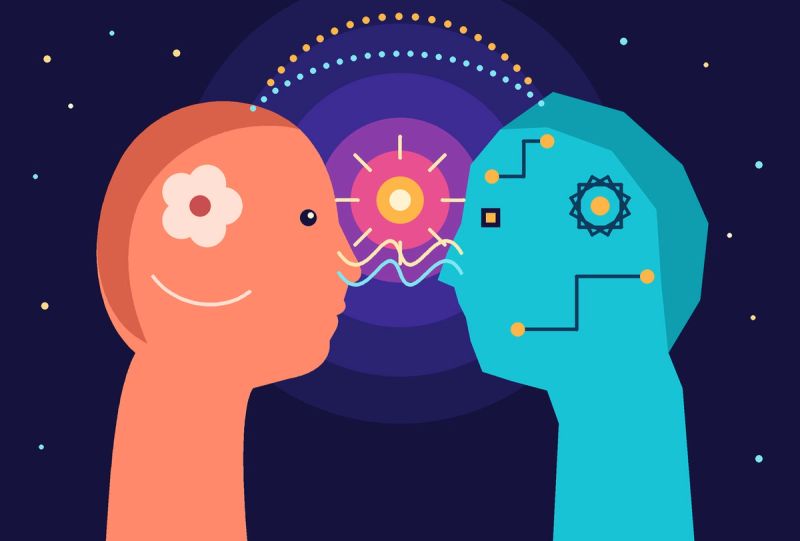 Ci sono una persona disegnata e un altro essere che assomiglia ad una persona ma che in realtà rappresenta l'intelligenza artificiale