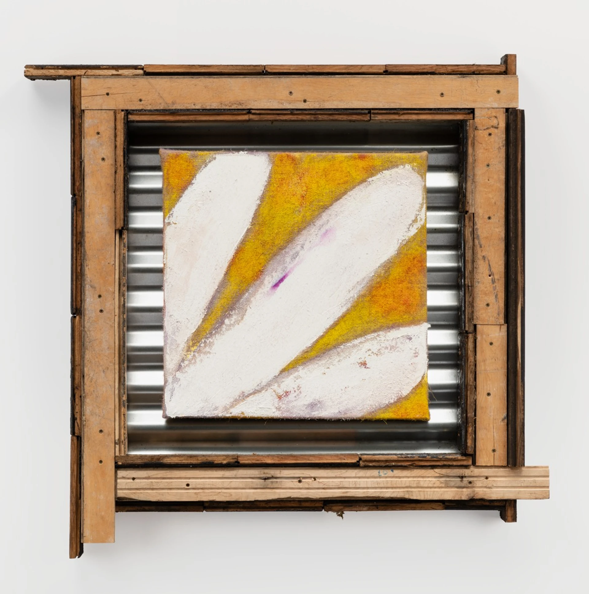 Square painting of a simple white flower on a yellow background, framed with timber and corrugated metal.
