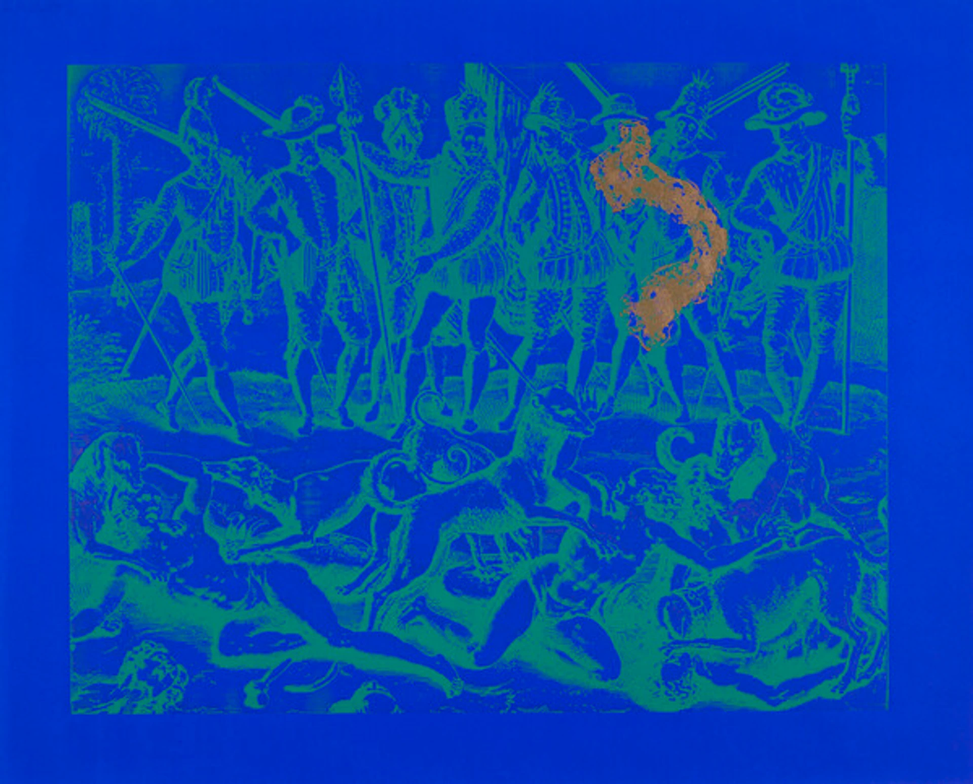 Woodcut print on blue paper with green ink, showing conquistadors lancing women while dogs attack.