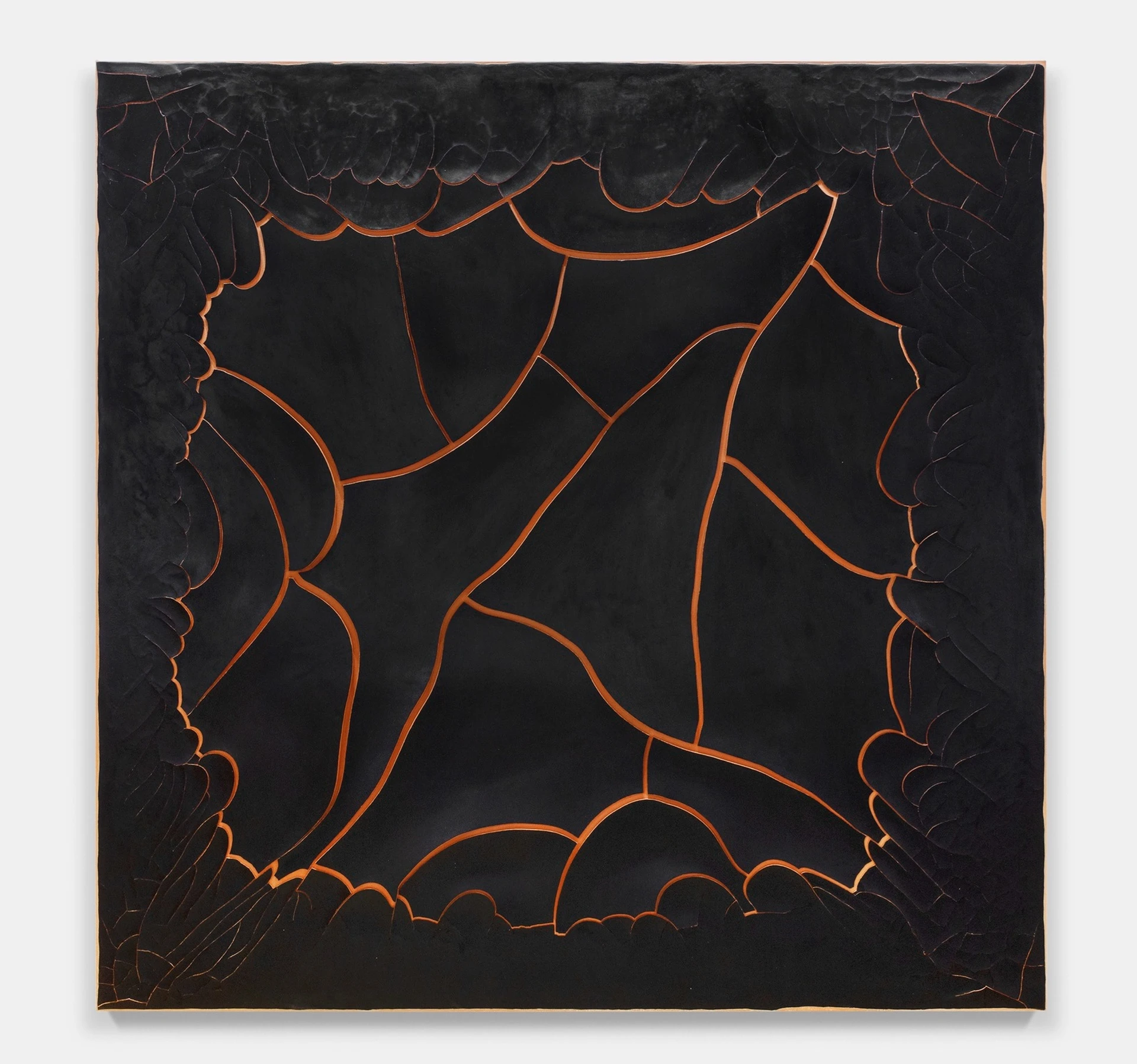 Black monochrome canvas with cracks exposing terracotta beneath, evoking geological fissures or ceramic craquelure.