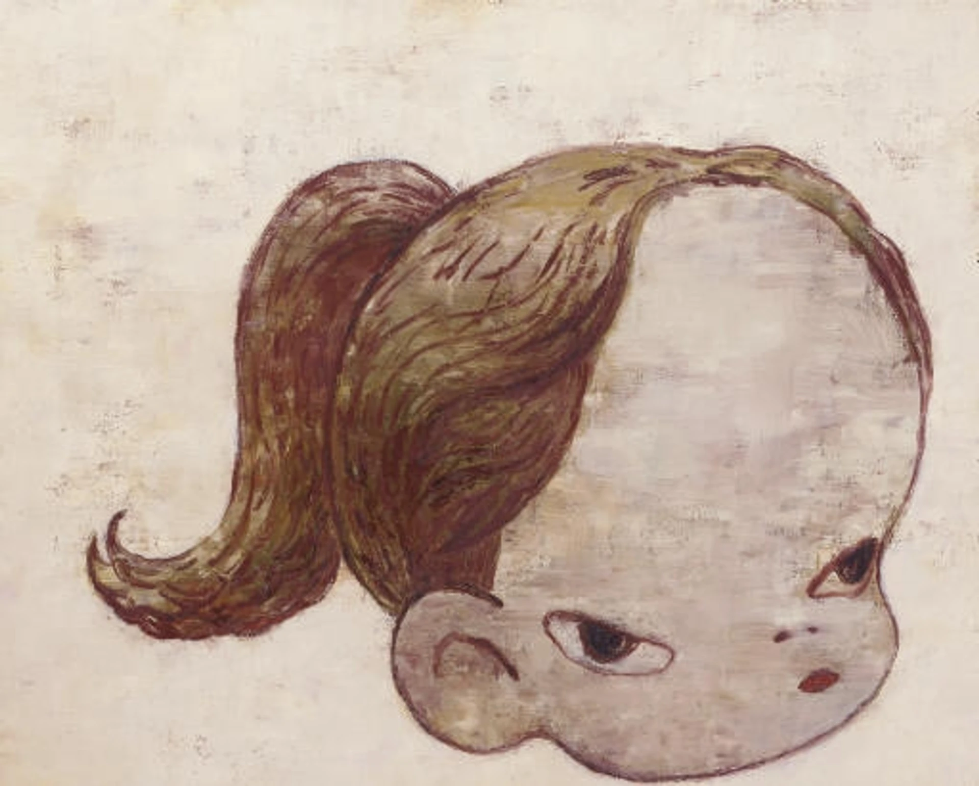 Oil painting on canvas of a stylised young girl with a ponytail and neutral expression against a cream background.