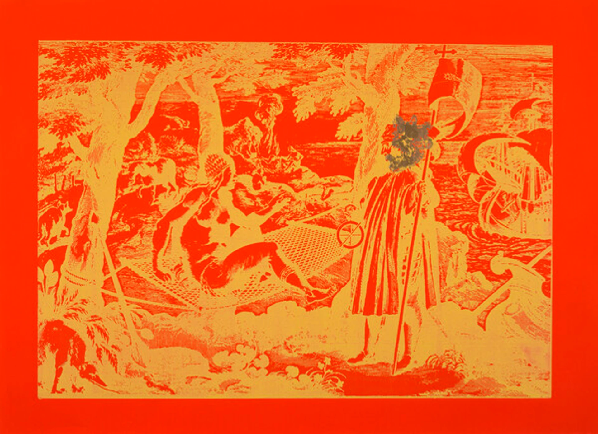 Woodcut print on red paper with yellow ink, showing a 17th-century man facing indigenous women among shrubbery with galleons at sea in the background.