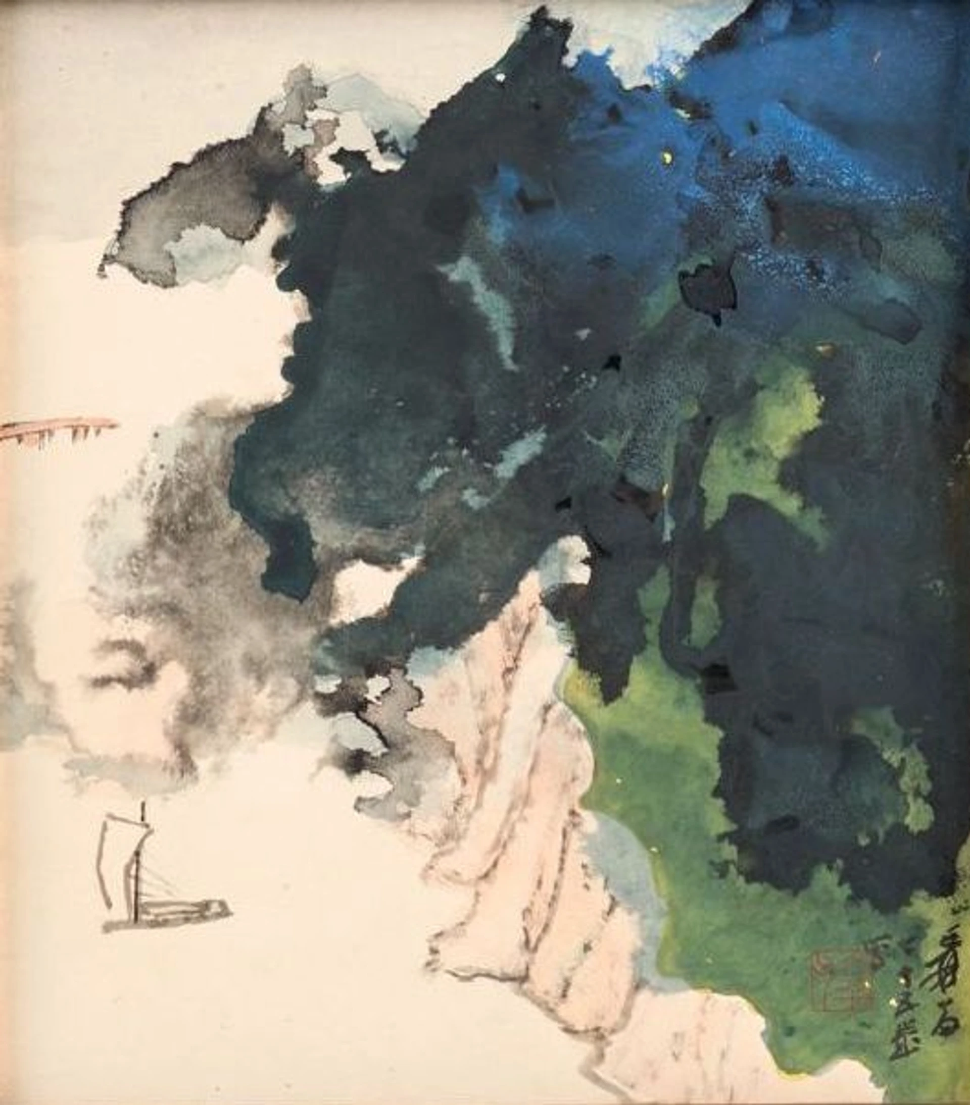 Square Chinese splash-ink painting on silk card, showing a sailing boat in a landscape with steep cliffs and patches of blue and green.
