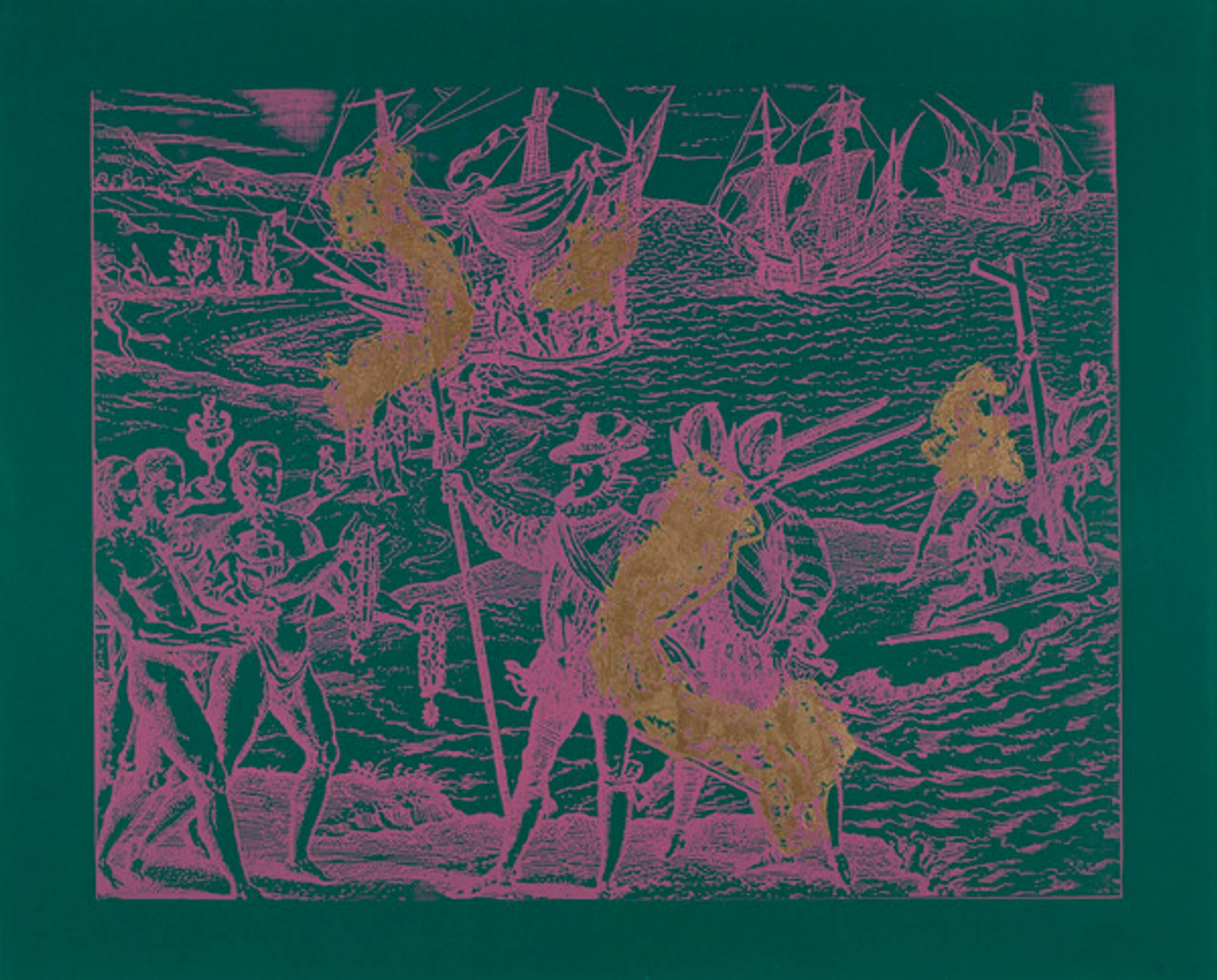 Woodcut print on green paper with pink ink, depicting conquistadors meeting Indigenous Carib people, with sailors erecting a cross and three ships in the background.