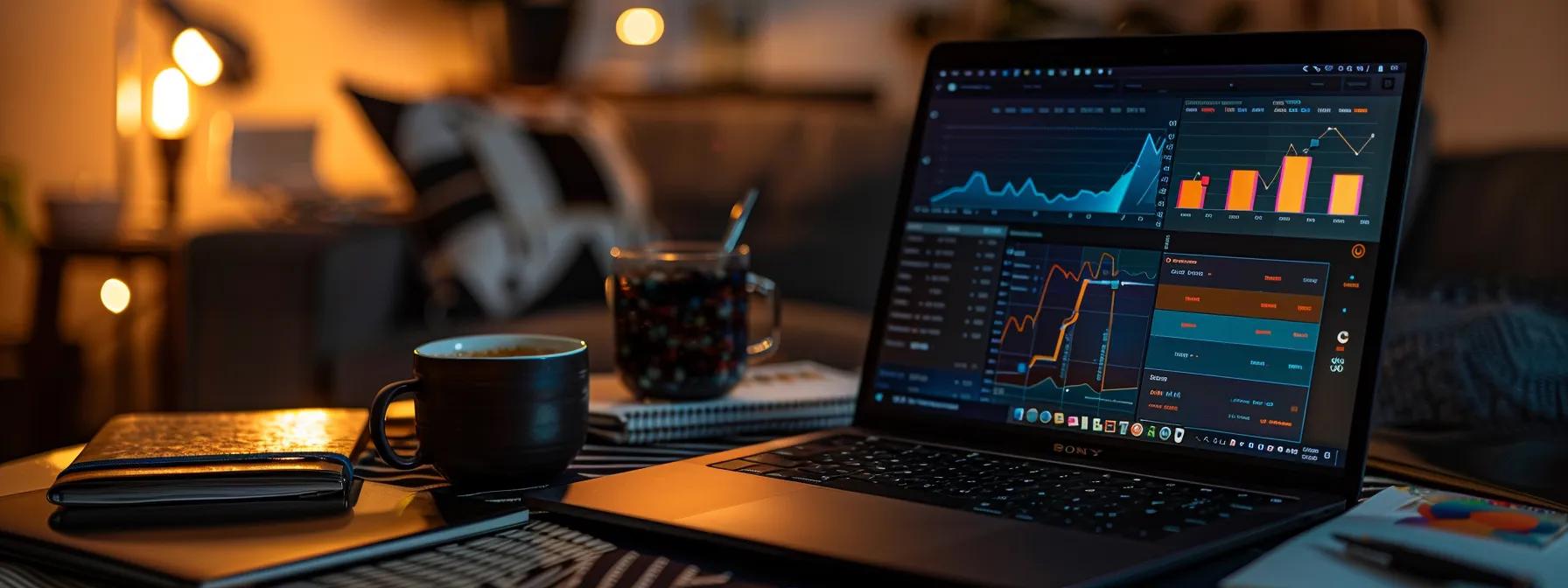 a laptop screen displaying a vibrant, graph-filled google keyword planner interface, surrounded by a stack of notebooks and a cup of coffee.