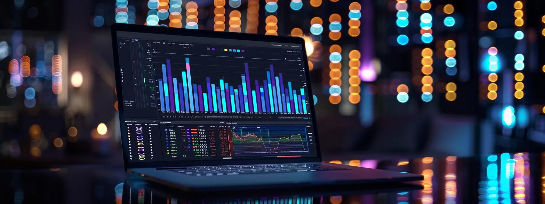 a laptop screen showing a detailed keyword analysis chart with various colors representing different levels of search volume and competition.