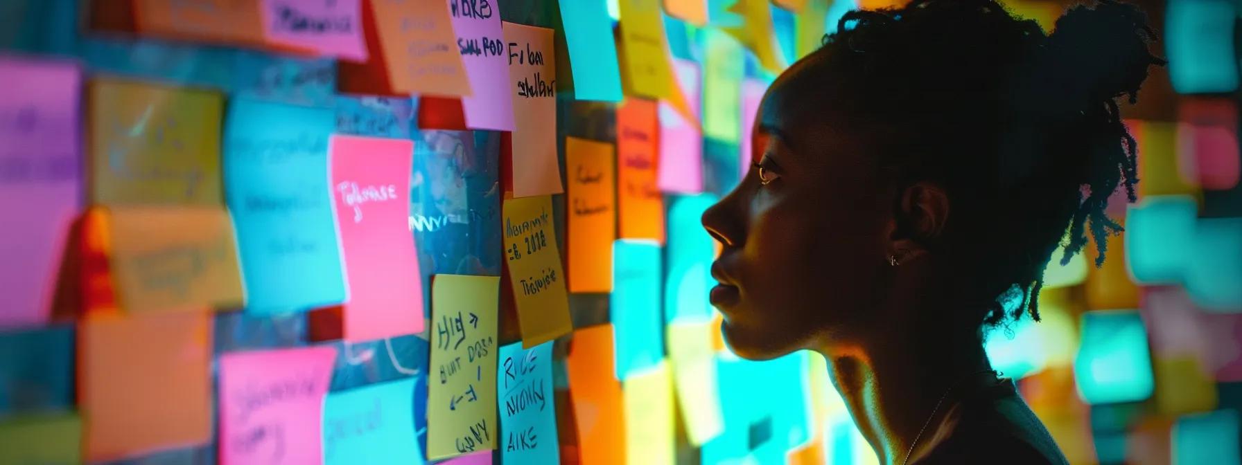 a person carefully selecting keywords from a colorful array of sticky notes to create a cohesive content strategy.