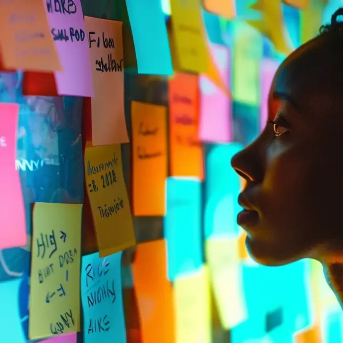 a person carefully selecting keywords from a colorful array of sticky notes to create a cohesive content strategy.