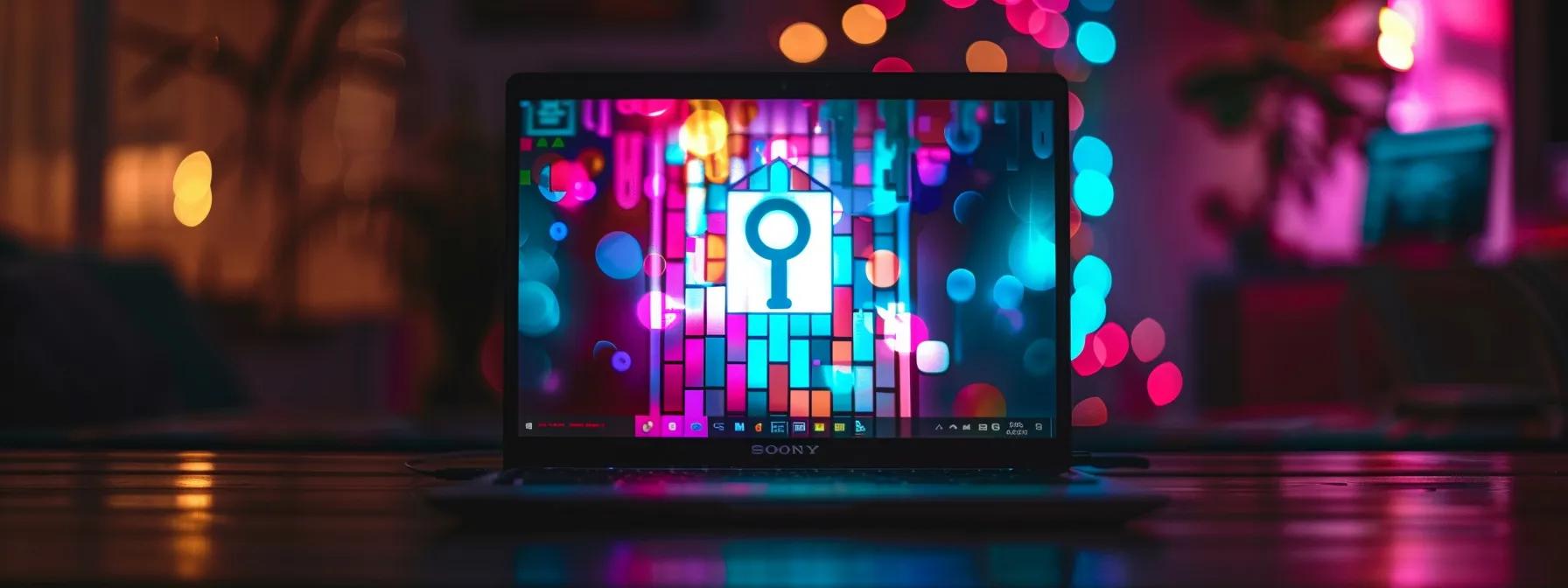 a laptop screen displaying a colorful array of meta keywords floating around a keyhole, symbolizing unlocking seo success.