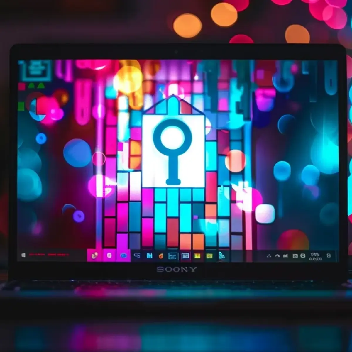 a laptop screen displaying a colorful array of meta keywords floating around a keyhole, symbolizing unlocking seo success.