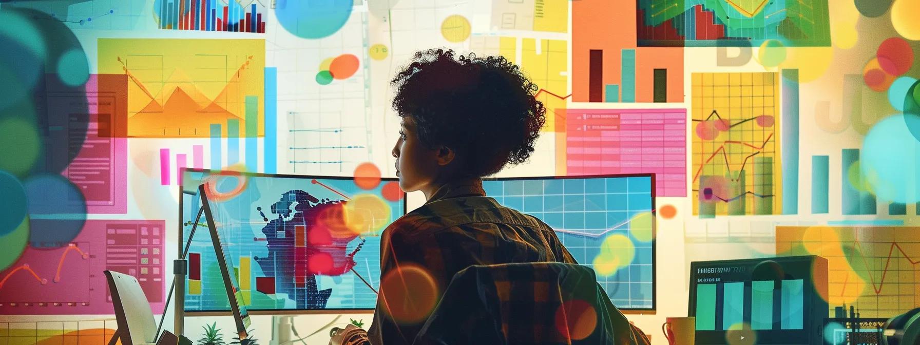 a person sitting at a computer surrounded by colorful graphs, charts, and keyword research tools.