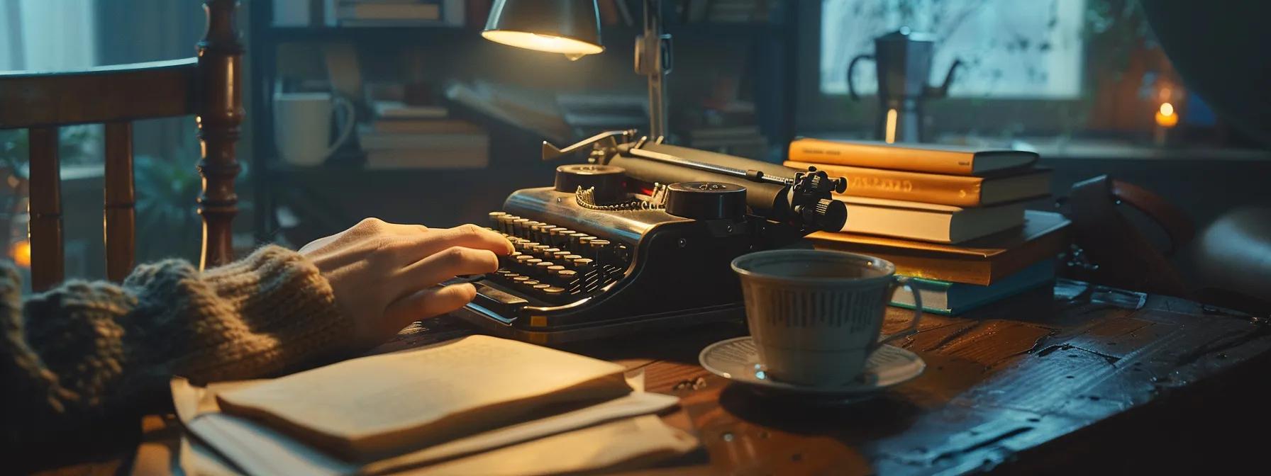 a hand typing on a vintage typewriter surrounded by a stack of books and a cup of coffee on a rustic wooden desk.