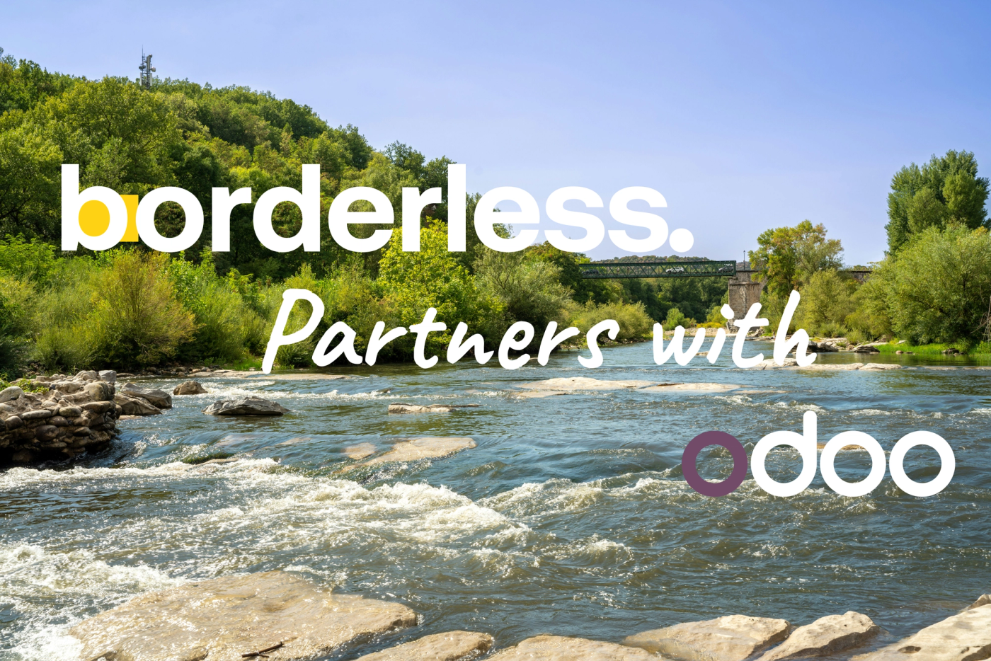 Borderless NV and Odoo Official logos side-by-side on a river bank background.
