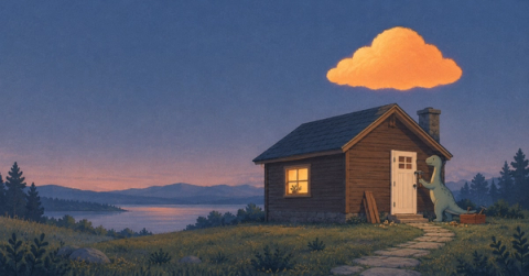 Risograph Cabin and Dinosaur Illustration
