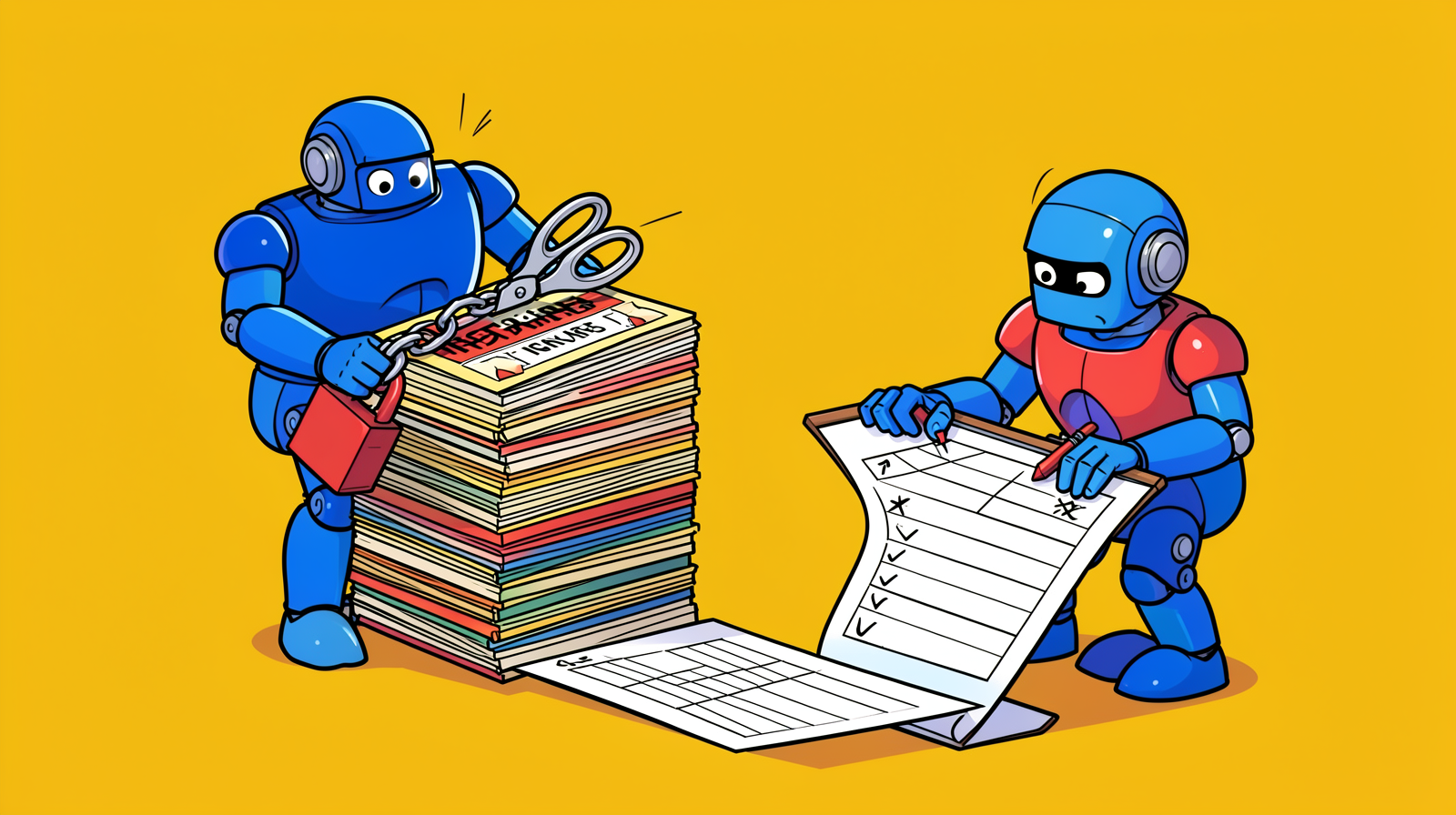 Illustration: a blue robot holds a stack of paper tickets with scissors chained shut by a red padlock, while a second robot ticks boxes on a long checklist that unrolls onto the floor