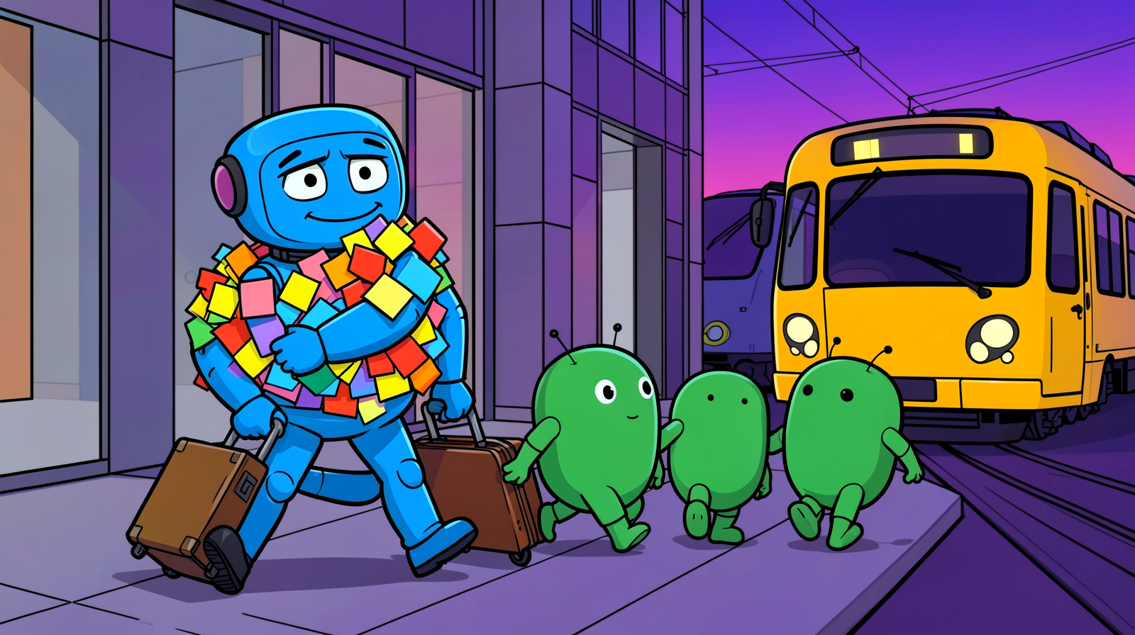 Illustration of a cheerful blue robot leaving a glass conference building at dusk, hugging a pile of colourful sticky notes and pulling two brown suitcases, with three small green robots walking ahead of it towards a yellow tram
