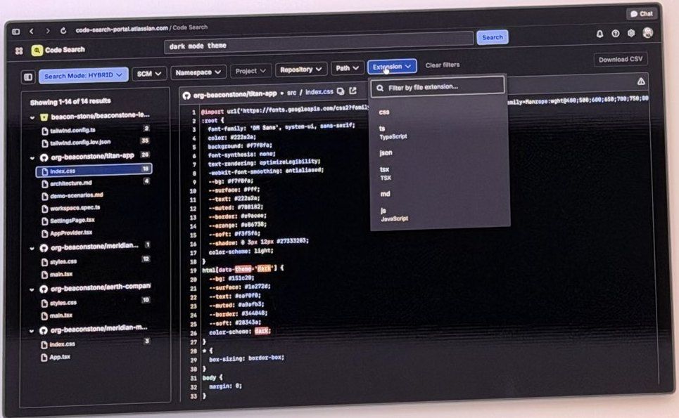 The Code Search demo on the stage screen: a search for dark mode theme with Search Mode set to HYBRID, a list of 14 results across demo repositories on the left and a CSS file open on the right