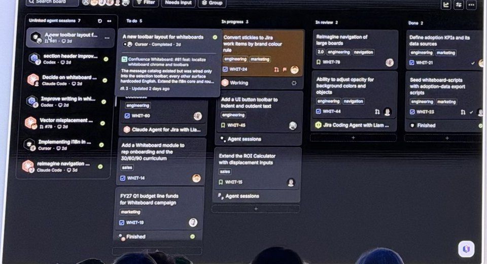 Close-up of the Jira board from the keynote demo: a left column headed Unlinked agent sessions 7 with hexagon avatars labelled Codex, Claude Code and Cursor, a hover card over the To do column, and cards with footers reading Working, Finished and Jira Coding Agent with Liam
