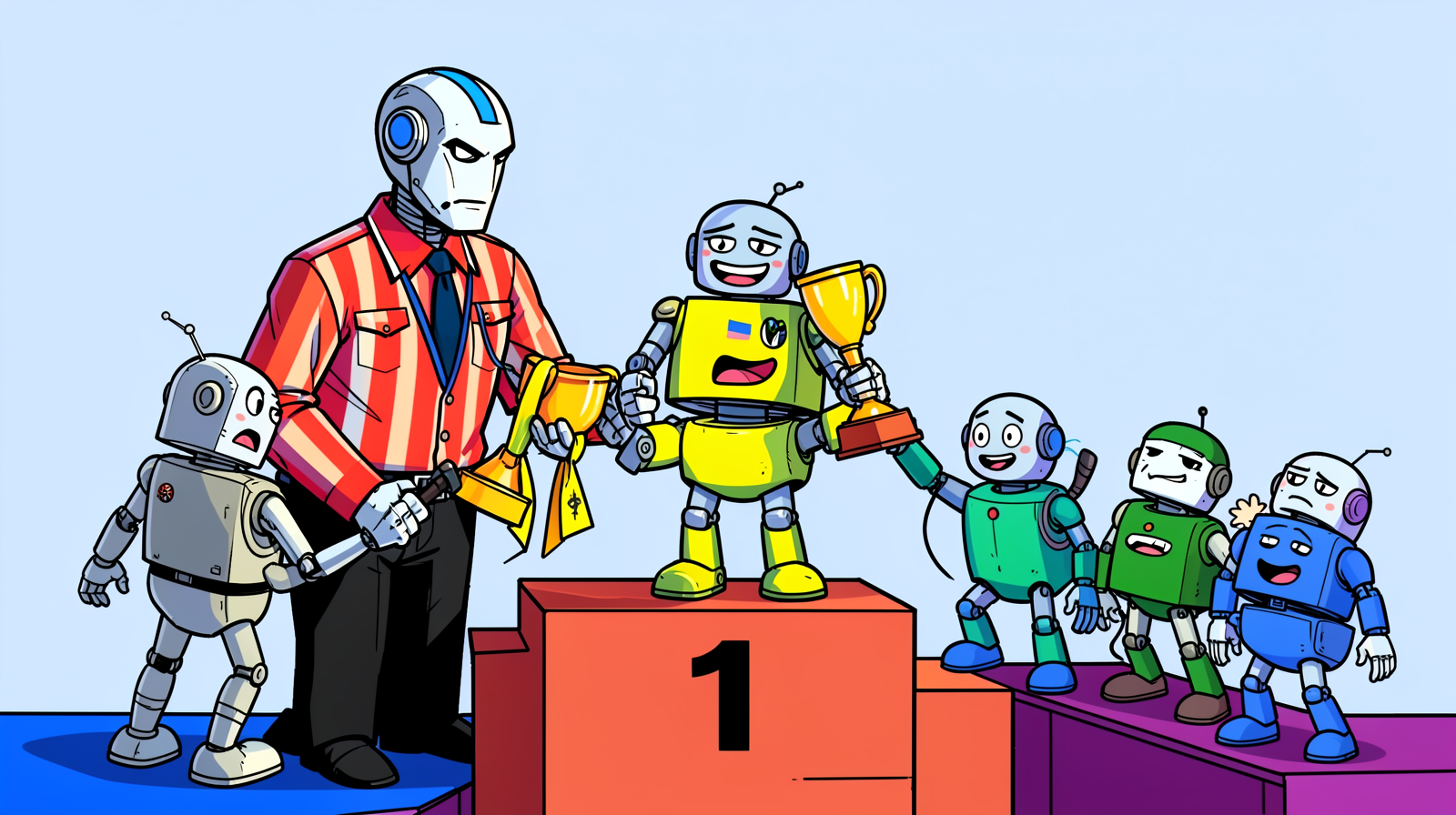 Cartoon illustration of a stern robot referee in a red striped shirt holding a gold trophy he has taken back, standing beside a winners podium where a yellow robot on the first-place step still smiles and holds a cup, with a shocked grey robot on one side and three small robots on the other