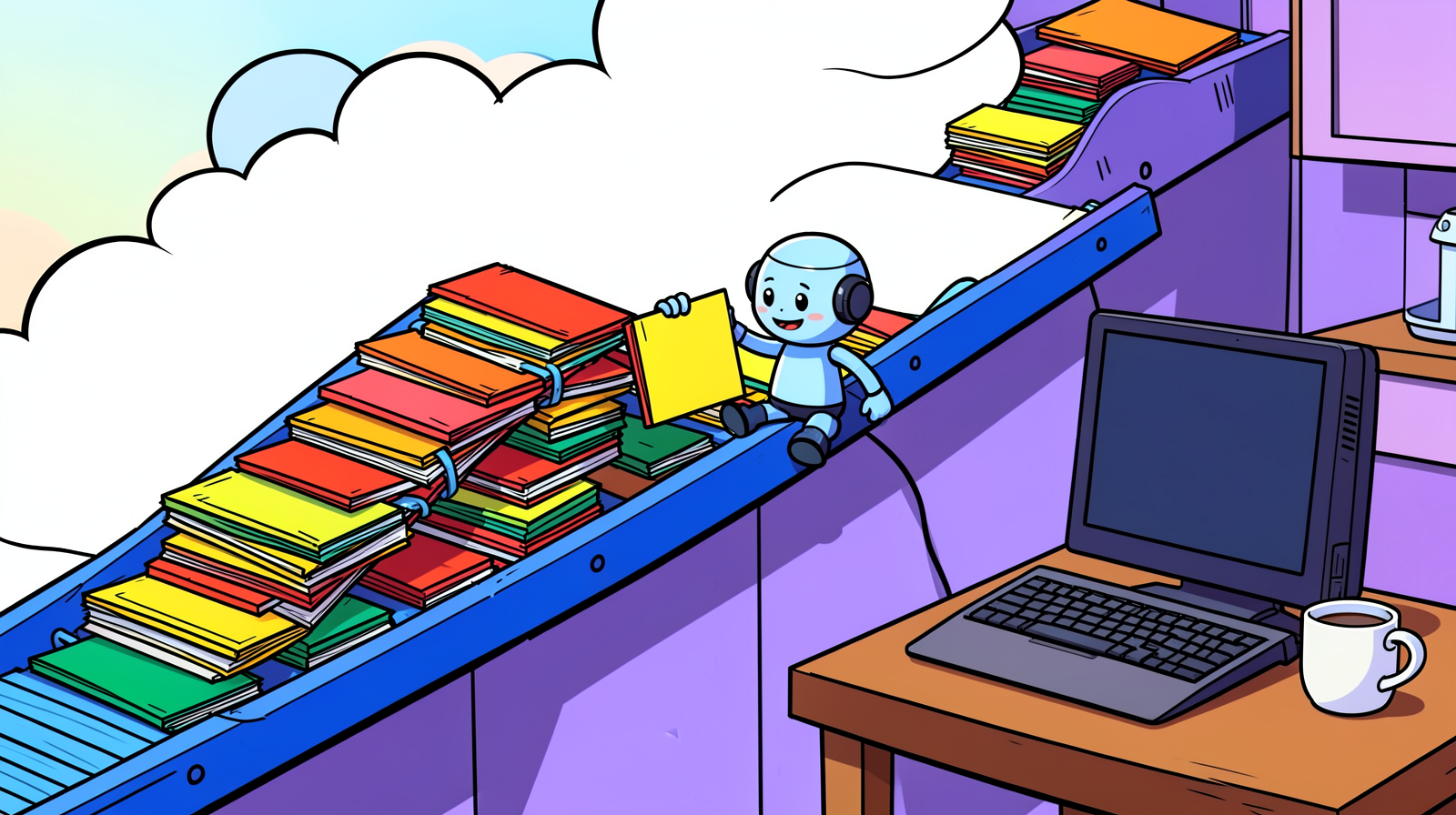 Cartoon of a small robot sitting on a conveyor belt that carries stacks of folders up into a cloud, holding up one yellow folder, with a desktop computer and a coffee mug on a wooden desk beside the belt