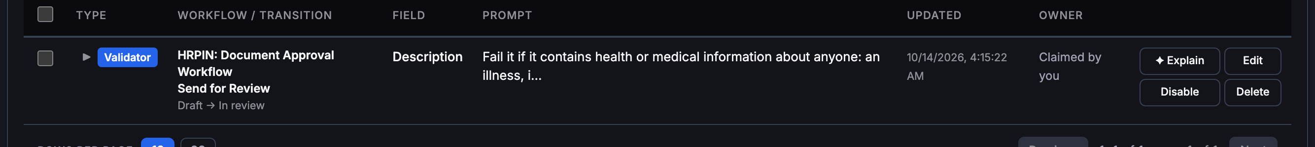 CogniRunner Rules tab with one row: type Validator, workflow HRPIN Document Approval Workflow, transition Send for Review from Draft to In review, field Description, and a prompt starting Fail it if it contains health or medical information about anyone