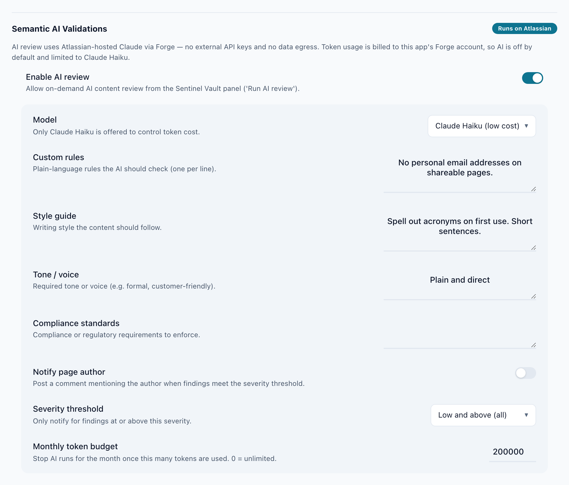 The Semantic AI Validations settings, with the app's own Runs on Atlassian label and Enable AI review switched on. Below the toggle: Model, set to Claude Haiku (low cost), with the note Only Claude Haiku is offered to control token cost. Custom rules reads No personal email addresses on shareable pages. Style guide reads Spell out acronyms on first use. Short sentences. Tone or voice reads Plain and direct. Compliance standards is empty. Notify page author is switched off, Severity threshold is set to Low and above, and the Monthly token budget is 200000, with the note that 0 means unlimited.