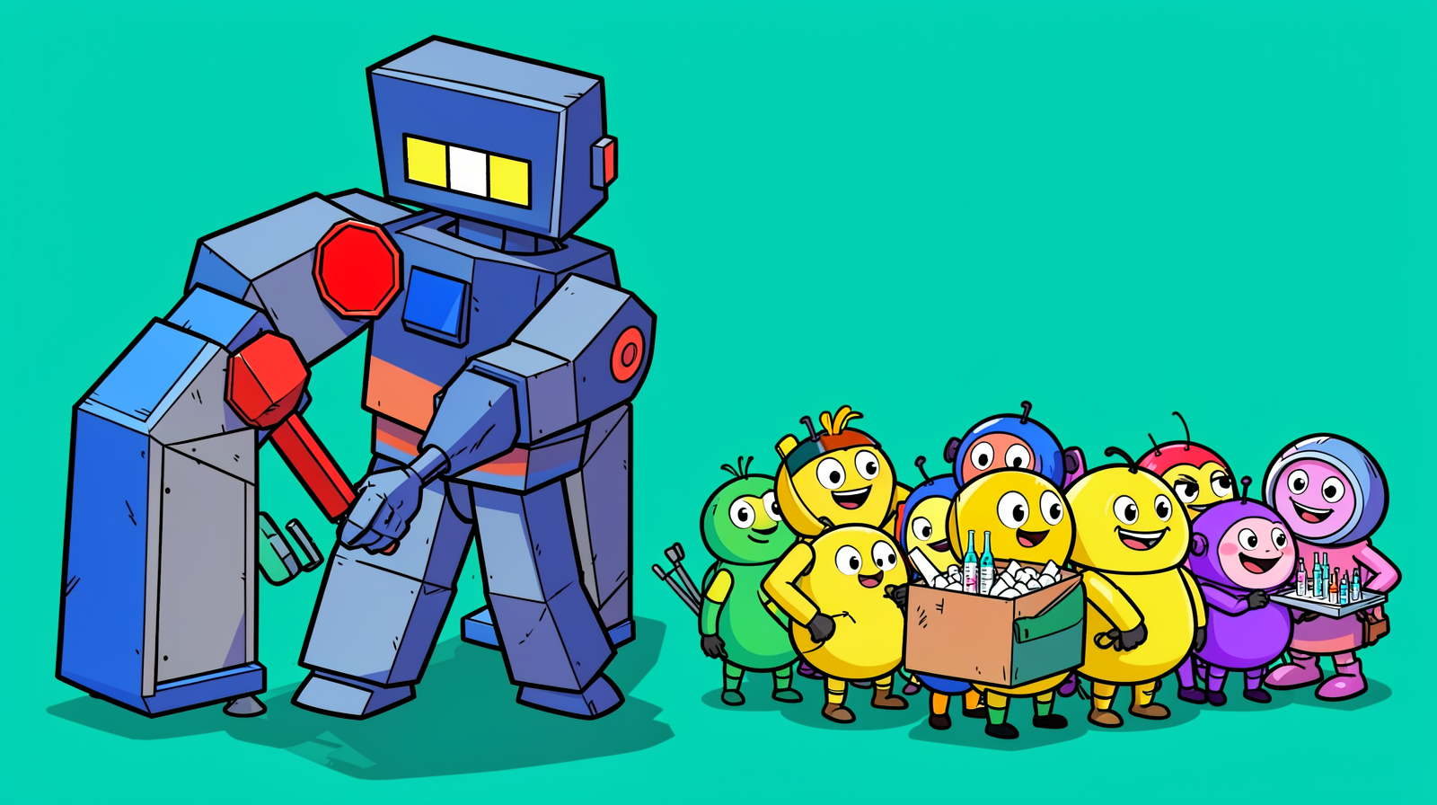 Cartoon of a large boxy robot with a red stop paddle standing in front of a crowd of small cheerful robots carrying a box and a tray of tiny vials