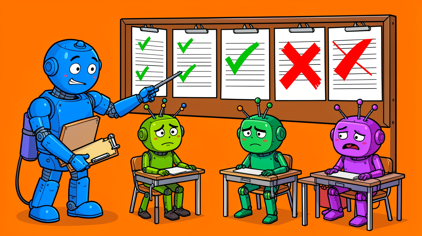 Cartoon of a blue teacher robot pointing at exam papers on a board, most with green ticks and some with red crosses, while three small robots watch from school desks