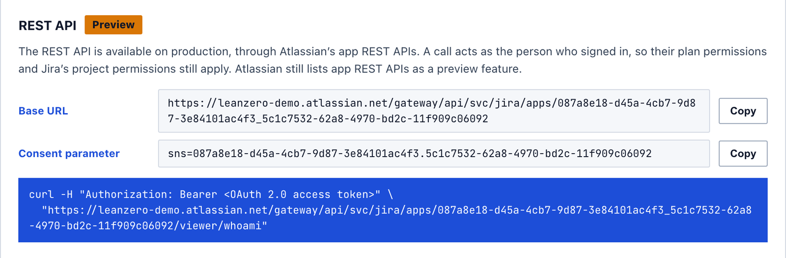 LeanZero Management Settings, API Access tab on a production install: a REST API card marked Preview, the base URL for leanzero-demo, the consent parameter sns=087a8e18…5c1c7532…, and a curl whoami example